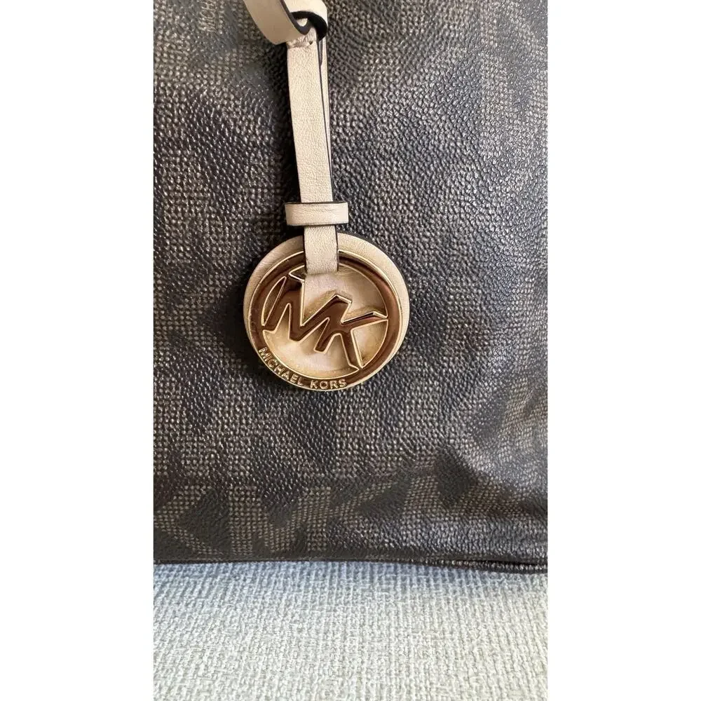 ⁠Michael Kors Tote Bag Brown Signature Monogram Large Purse Gold Charm Jet Set